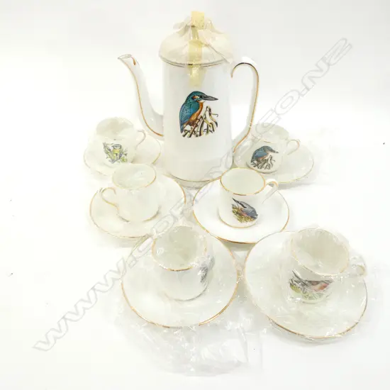 HAMMERSLEY 13PC COFFEE SET; KINGFISHER COFFEE POT, 6 DEMITASSE CUPS & SAUCERS....