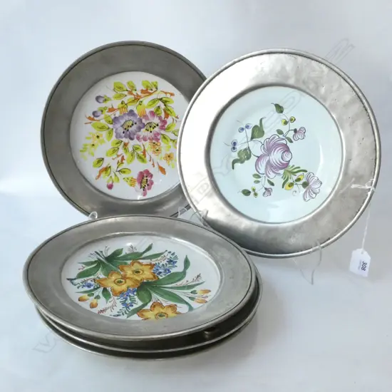 5 BASSANO HAND PAINTED WALL PLATES WITH PEWTER FRAMES DIA 260MM
