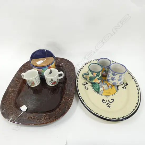 2 LG PLATTERS (L 470MM) POTTERY MUGS & SALT KEEPER / PR NURSERY WARE MUGS - SOME A/F 