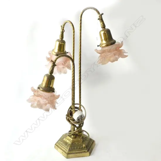 BRASS 3 ARM TABLE LAMP - PINK  FROSTED GLASS PETAL SHADES H. 600MM