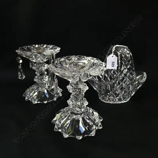 3 CRYSTAL PCS; 2 CANDLEHOLDERS WITH LUSTRES  H 130MM & BASKET  (H, 140MM