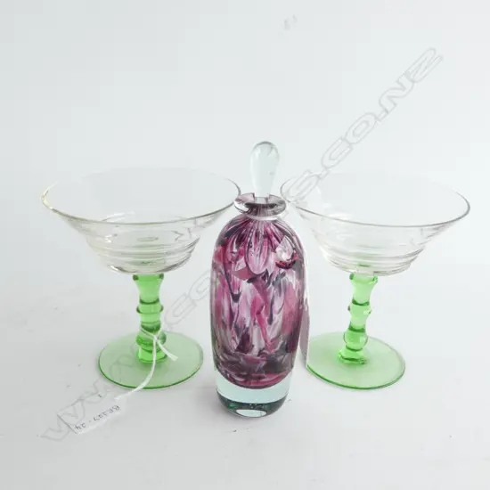 MODERN PERFUME BOTTLE AND TWO GLASS DESSERT DISHES