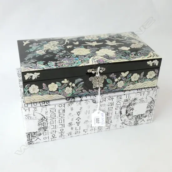 INLAID MOP JEWELLERY BOX, KOREAN IN ORIG. BOX L.235mm