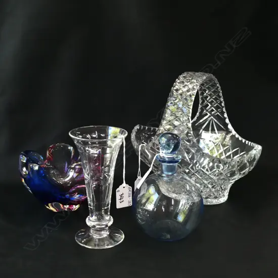 4 PCS GLASS - POSY BASKET H. 250MM/ CRYSTAL VASE / BLUE GLASS BOTTLE W STOPPER / PINK & BLUE ART GLASS VASE DIA 140MM