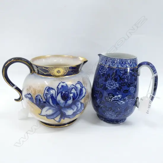 2 JUGS; SHELLEY BLUE & WHITE H. 165MM & DOULTON BURSLEM FLOW BLUE JUG H. 160MMM ...