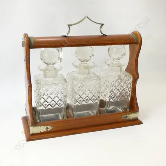 OAK TANTALUS w. 3 GLASS DECANTERS ALL A/F - KEY INCL.
