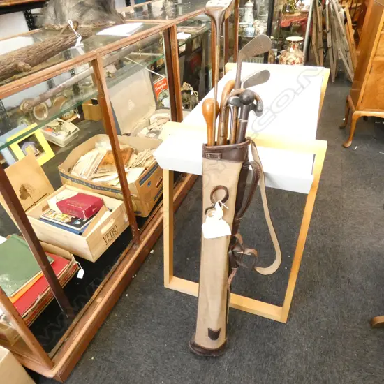OLD CANVAS GOLF BAG INC. 5 GOLF CLUBS & 5 WALKING STICKS