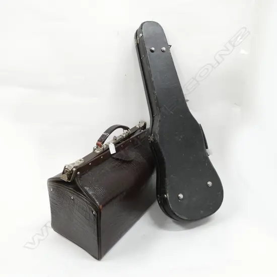 LG OLD GLADSTONE KIT BAG  - GOOD CONDITION  L 460MM - INITIALS 'AJD' TO FRONT + VIOLIN CASE