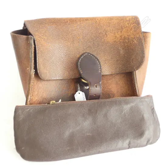 OLD LEATHER SATCHEL  & LEATHER TRAVELITE SLIPPERS IN POUCH