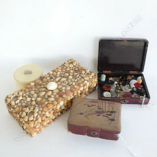 1 LIDDED SHELL BOX (270 X 130MM) SM BAKELITE CONTAINER + 2 OTHER BOXES WITH BUTTONS ETC.