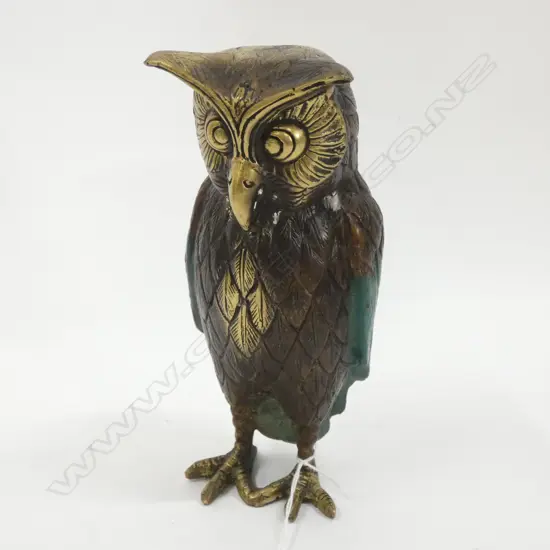 BRONZE STANDING OWL GREEN PATINA TO WINGS H.210mm