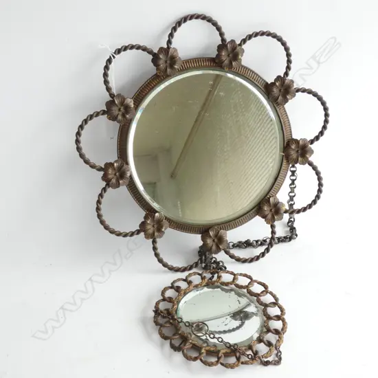 2 VINTAGE METAL CIRCULAR MIRRORS 280mm dia