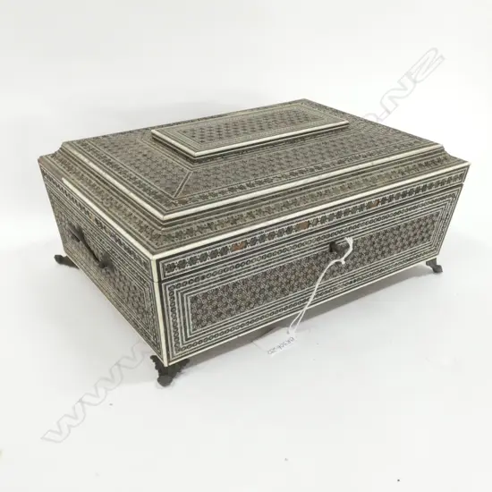 LATE 19TH CENTURY VIZAGAPATAM WORK BOX - IVORY CONTENTS - SOME DAMAGE TO OUTER BOX  320 X 240MM - KEY INCL