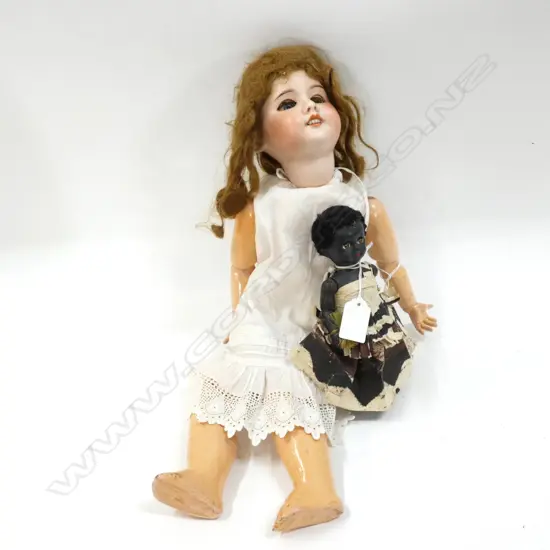VINTAGE SFBJ PARIS PORCELAIN DOLL (L 490MM) + SM BLACK DOLL IN COSTUME