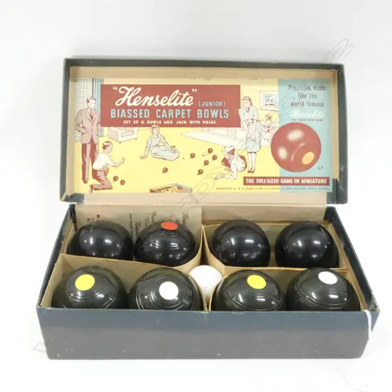 BOXED SET OF VINTAGE  JNR HENSELITE BIASSED CARPET BOWLS INC. JACK & INSTRUCTIONS