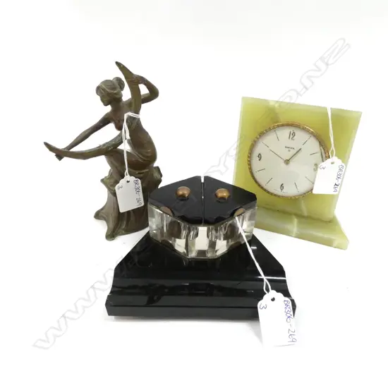 ART DECO INK WELL / BRONZE LIKE FIGURINE (H160MM) & GREEN MARBLE SWIZA DESK CLOCK (H.130MM) 