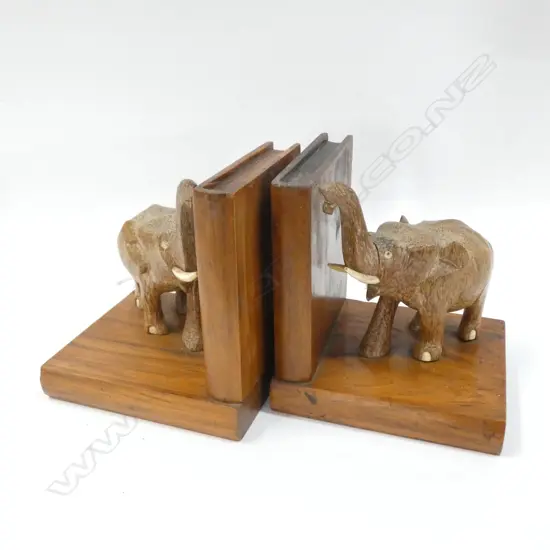 PAIR WOOD ELEPHANT BOOKENDS (1 TUSK AF)