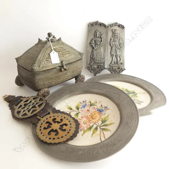 INDIAN BRASS CARRIAGE BOX, HORSE BRASSES, GERMAN PEWTER PANELS & PR PEWTER FRAMED PLATES