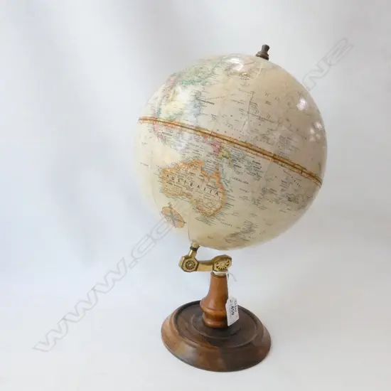 9 INCH TERRESTRIAL GLOBE BY REPLOGLE GLOBES LTD, USA. ON WOODEN & BRASS STAND, H.390mm