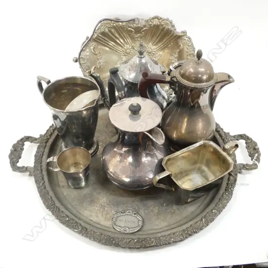 LG SILVER PLATE TRAY WITH BIG COLLECTION SILVER PLATE JUGS ./ COFFEE POTS BOWLS ETC.