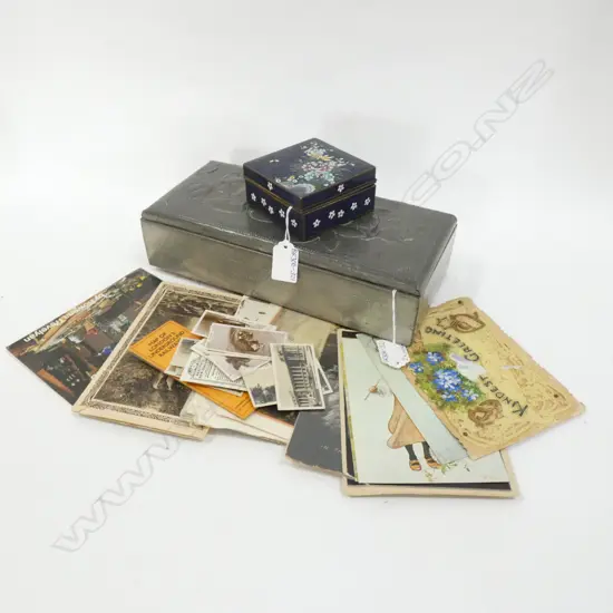 PEWTER LIDDED BOX (280 X 125MM) OF OLD POSTCARDS ETC. + BLUE CLOISONNE LIDDED BOX (A/F