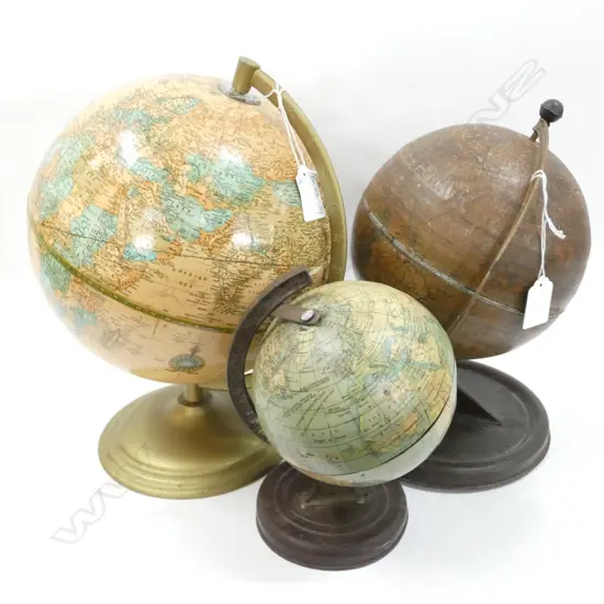 3 OLD WORLD GLOBES H. 300MM 1 BROWN QUITE FADED - ALL HAVE SOME SIGNS OF AGE