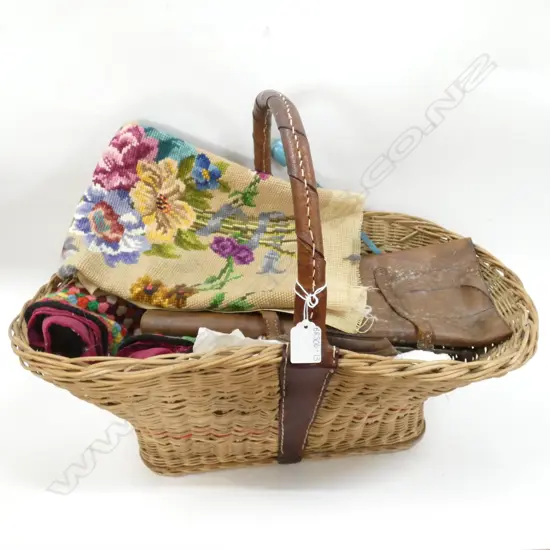 OLD WICKER BASKET OF LINEN, TAPESTRY, CROCHET ETC.