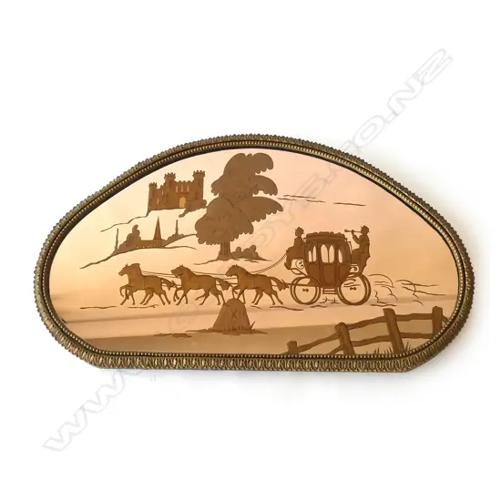TINTED VINTAGE MIRROR, STAGECOACH & HORSES IN LANDSCAPE, 950 X 510MM
