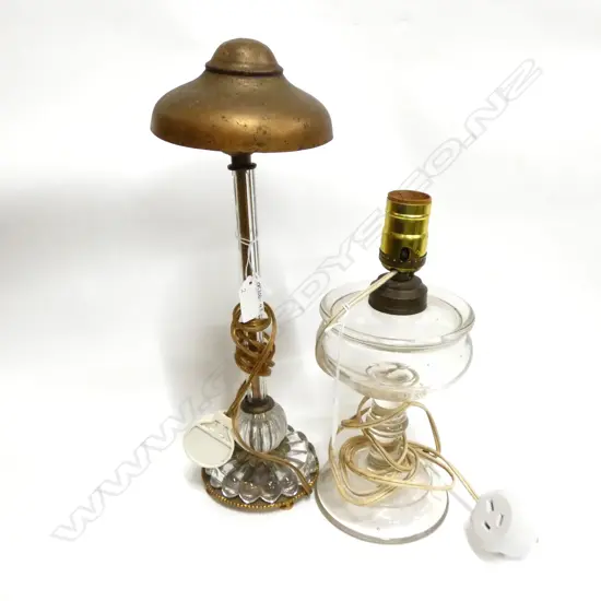 2 OLD GLASS TABLE LAMPS; ONE CONVERTED OLD GUARD LAMP OIL LAMP C1870 (H. 280MM) 