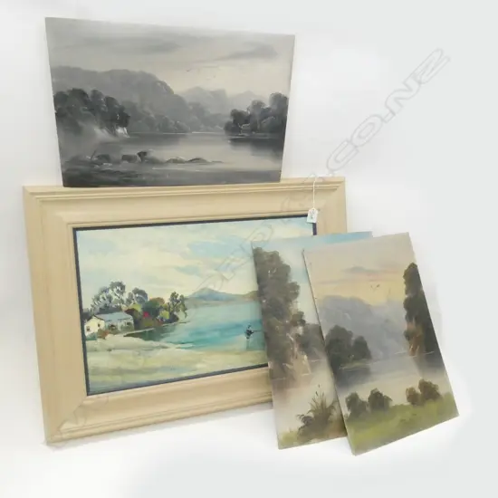 4 OILS ON BOARD SCENES- 1 FRAMED BY BV BARTLETT '73 (520 X 330MM) 3 BY F. FENWICK