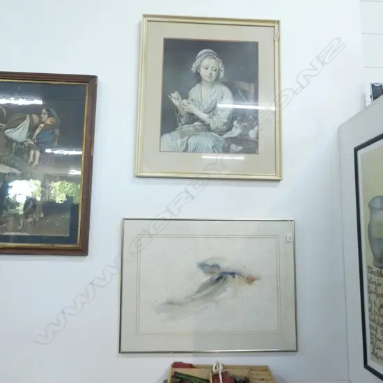 2 ARTWORKS; GIRL & KITTEN PRINT 505x415mm +W/C FOXING 