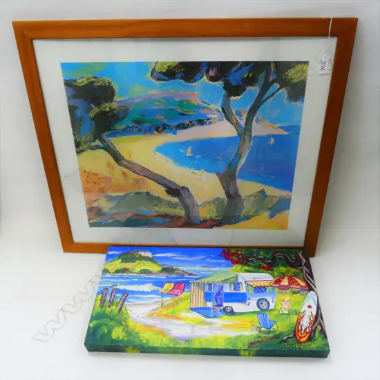 ART - 2 BEACH SCENES - OIL ON CANVAS & WATER COLOUR (BROKEN GLASS)  500 X 400MM