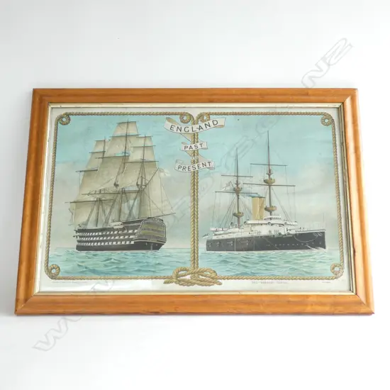 EARLY 20thC LITHOGRAPH OF 2 SHIPS 'ENGLAND PAST & PRESENT' 385x605mm...