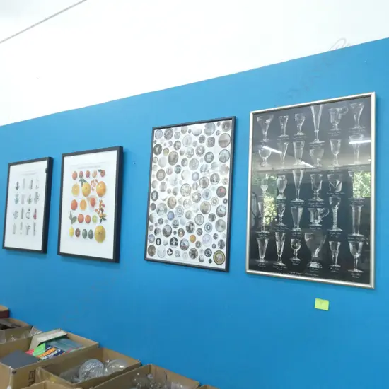 4 FRAMED PRINTS - CITRUS / COFFEE POTS / VASES /BUTTONS  (485 X 700MM) 