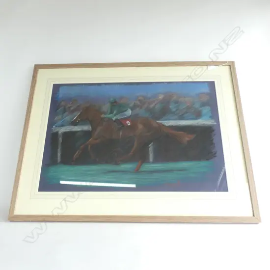 RACEHORSE AND JOCKEY - PASTEL DRAWING BY CAROLINE BARNETT 1986...