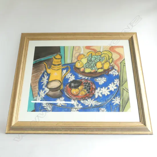 STILL LIFE FRUIT AND JUG ON TABLE. PASTEL DRAWING BY A. KEMP 1992...