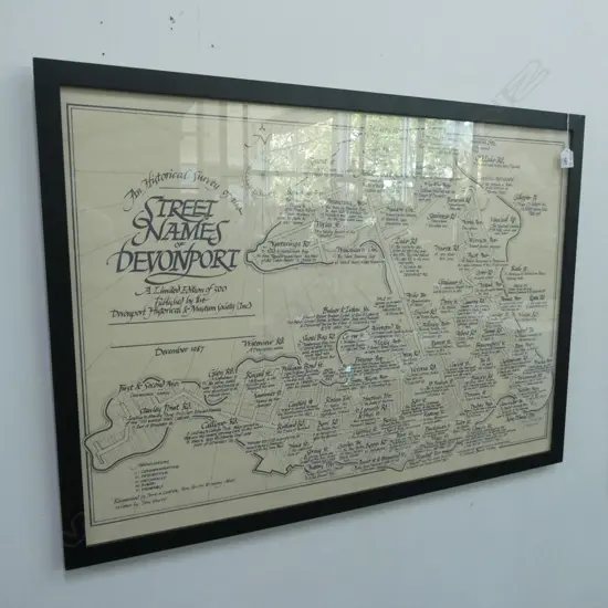 FRAMED PRINT 'MAP OF HISTORICAL NAMES OF DEVONPORT  880 X 590MM