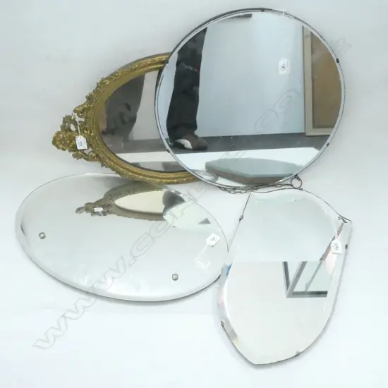 4 ASST WALL MIRRORS - 1 ROUND (DIA 450MM) 1 SHIELD & 2 OVAL  (1 GILT RIMMED)
