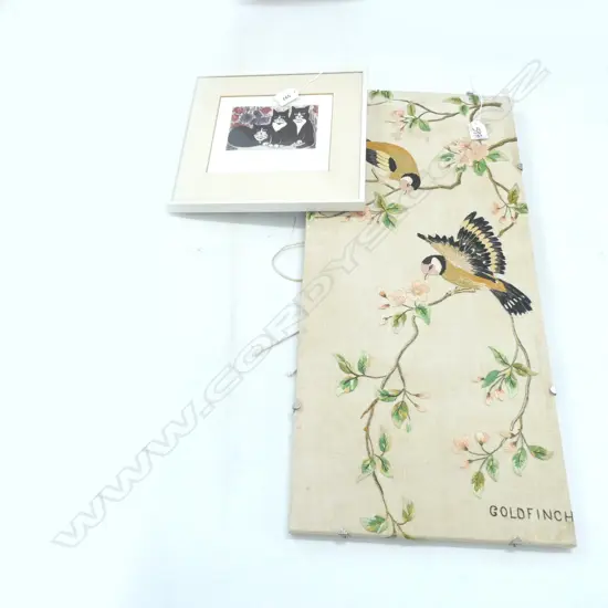 EMBROIDERED BIRD WALL ART (290 X 630MM) & GARDEN CAT PRINT