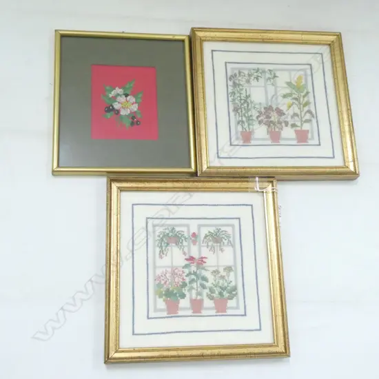 3 SM FRAMED FLORAL TAPESTRIES - 185 X 180MM 
