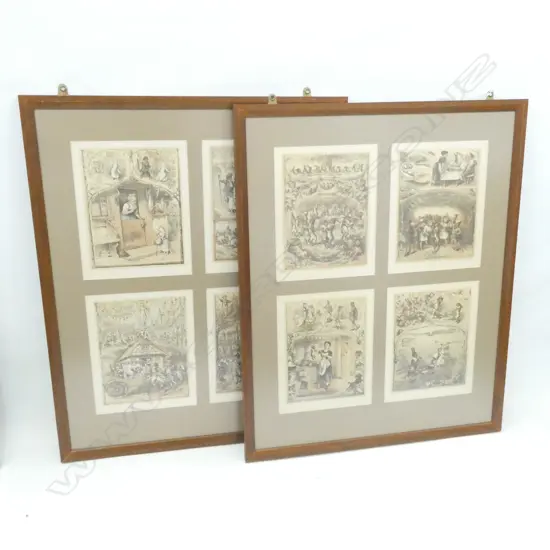 2 LG 19thC FRAMED PRINTS; EA HAS A SET OF 4 PRINTS; ONE OF COMICAL RABBIT SCENES & ONE 4 CAT SCENES 370 X 470MM