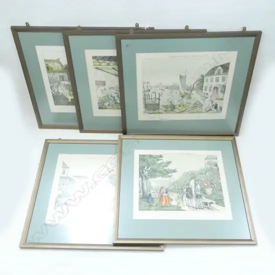 5 OLD EUROPEAN FARM & MARKET SCENE PRINTS (390 X 320MM)