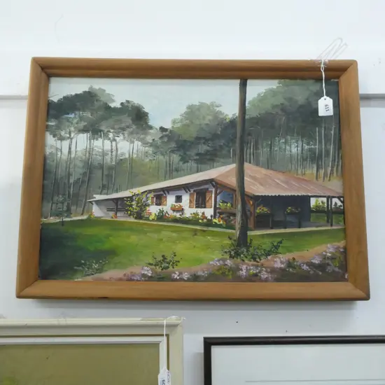FRAMED OIL ON BOARD - TRADITIONAL SWISS STYLE HOUSE - SIGNED
