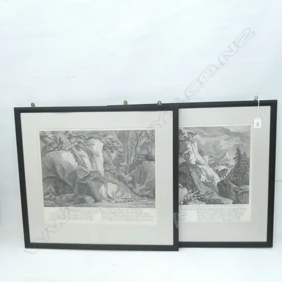 2  17TH/18THC GERMAN FRAMED BLACK & WHITE EUROPEAN ANIMAL SCENE ENGRAVINGS 415 X 345MM (SOME BROWN AGE SPOTS)
