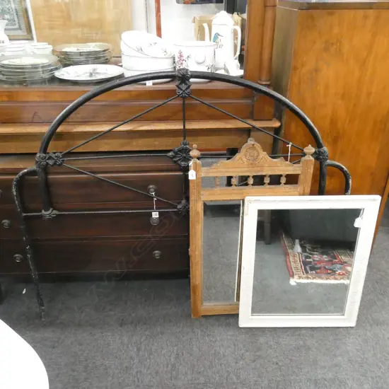 CAST IRON SINGLE BEDHEAD & 2 WOODEN FRAMED WALL MIRRORS - LARGEST 600 500MM