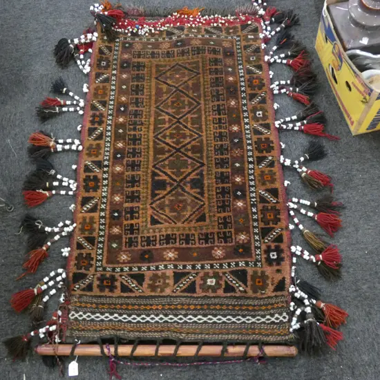 HANDWOVEN ALL WOOL TRIBAL WALL HANGING SHELL DETAIL 1200 X 700MM