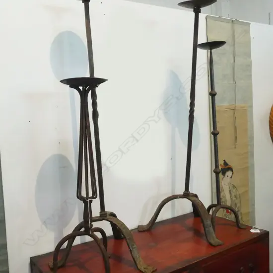 4 OLD WROUGHT IRON FLOOR CANDLE HOLDERS - TALLEST H.  950 ALL HAVE SURFACE RUST