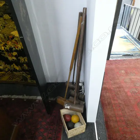 5 OLD WOODEN CROQUET MALLETS & 4 BALLS 