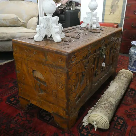 LG SAILING SHIP CARVED CAMPHOR WOOD CHEST  1040 X 500 X 600MM