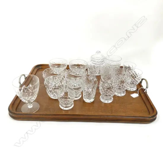 LG OAK TRAY WITH GOOD ASSORT. CUT CRYSTAL & GLASS